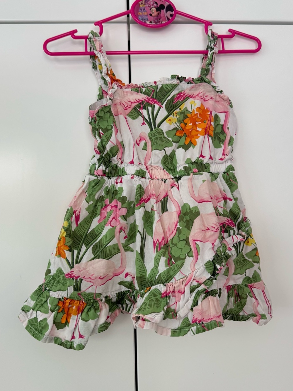 Janie and Jack Pink Flamingo Print Dress with Green Leaves and Orange Flowers